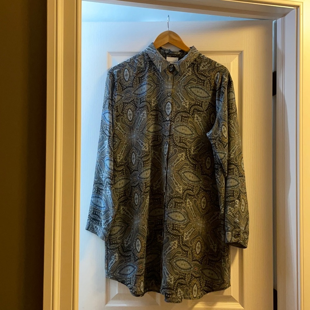 J.Jill Long Blue/Black Button Down Blouse Size Medium